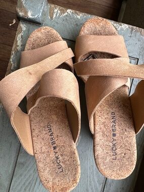 Lucky Brand Tan Suede Cork sandals.  Ankle wrap